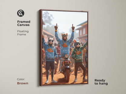 Framed canvas art in a floating frame featuring three cat characters. They are in hoodies and gold chains. The artwork is ready to hang. The brown frame provides a classic look. This unique piece will complement any room.