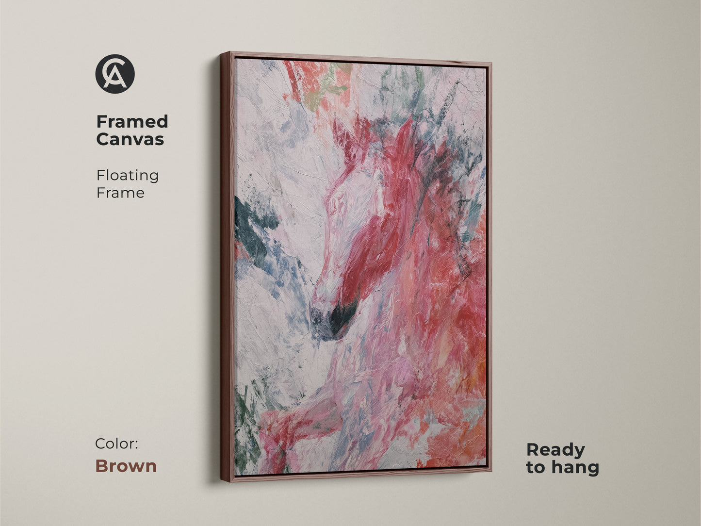 Framed canvas displaying an abstract horse artwork with a floating brown frame. The artwork's expressive strokes and coral and teal hues create a dynamic visual. Ready to hang this piece adds an eclectic flair to your bedroom wall hanging. It's an ideal gift for those who admire animal motion art and modern eclectic art.