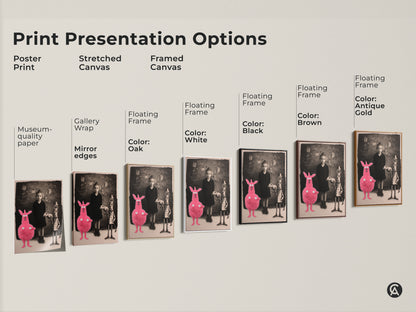 Explore print presentation options for this surreal art piece. Choose from poster prints stretched canvas or framed canvas. Options include gallery wrap museum-quality paper and floating frames in various colors. Find the perfect fit for your eclectic home decor.