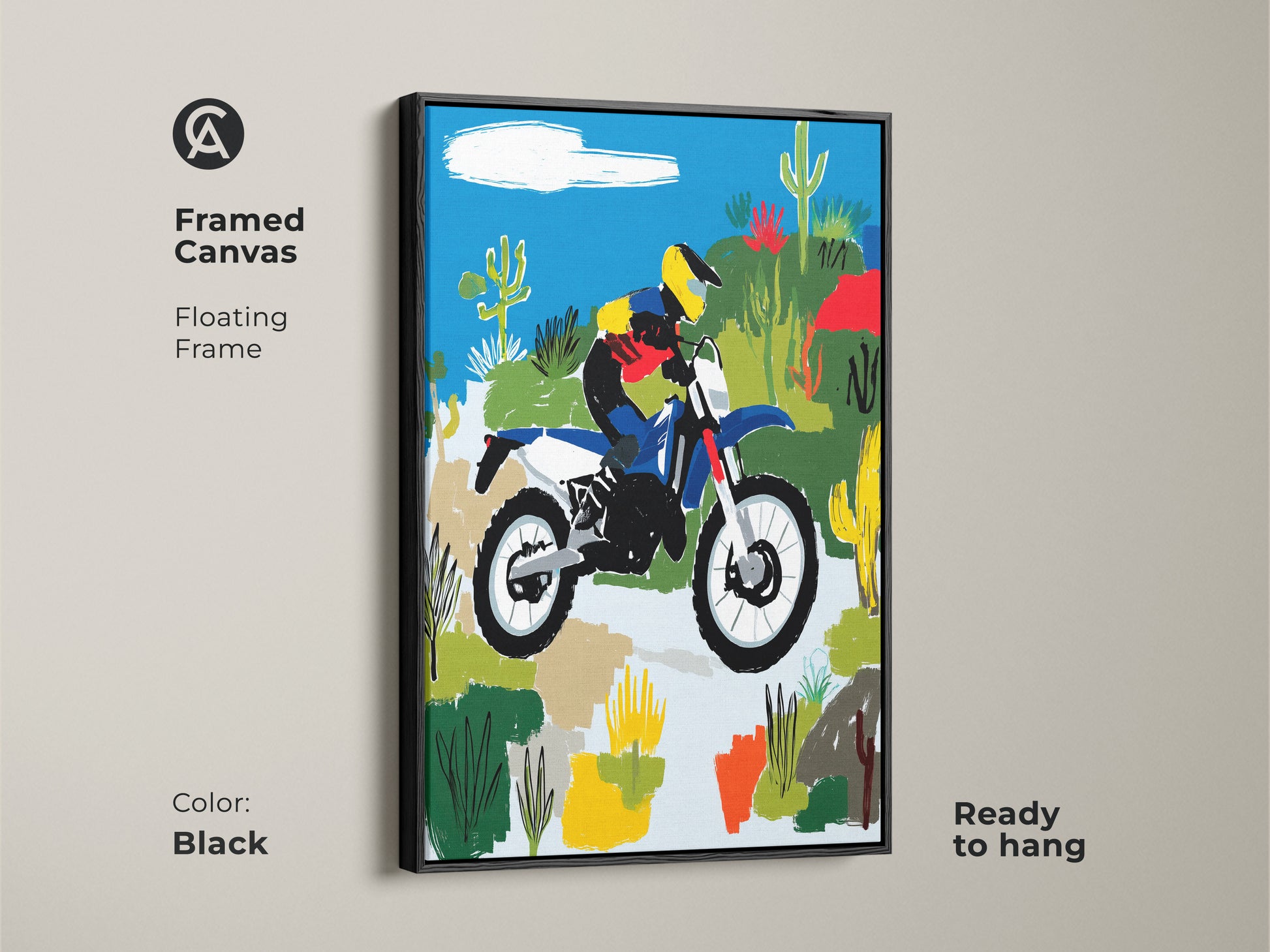 Framed canvas of desert motocross artwork with a black floating frame. The art is ready to hang. Blue yellow and green tones highlight this abstract rider wall art. This piece adds an adventurous touch to your wall decor. It is suitable for a man cave or garage.