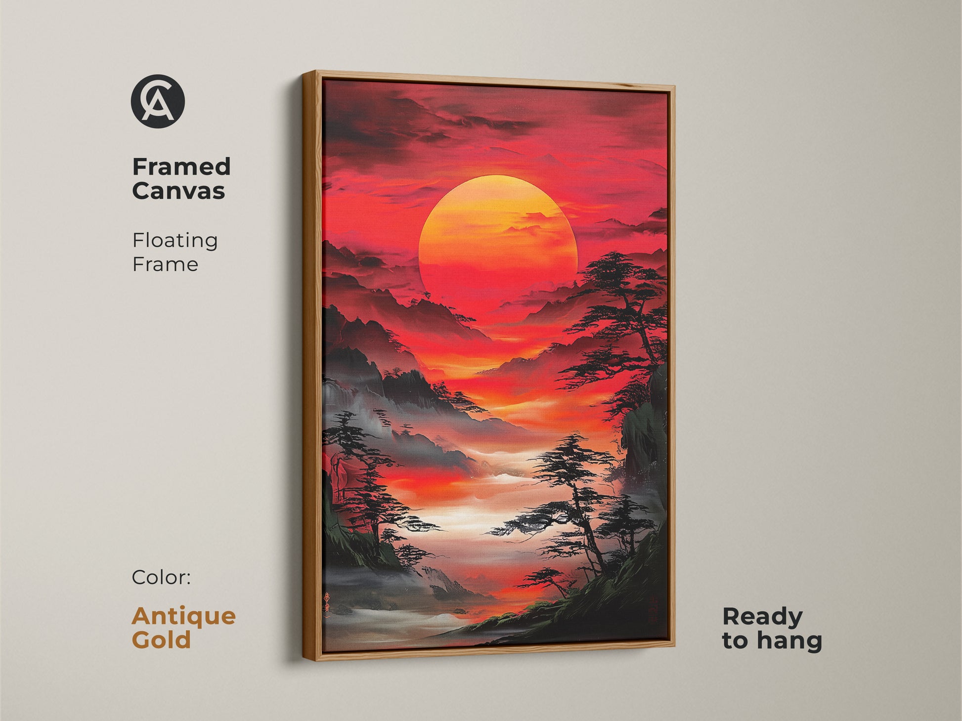 Framed canvas with a floating frame in antique gold featuring Asian landscape art. The red sunrise canvas print showcases misty mountains and pine trees. Ready to hang eclectic home decor adds drama to any room.