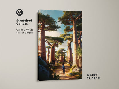 Stretched canvas print of African Baobab Trees. This earth tone landscape art features a traveler on a scenic path. Gallery wrapped with mirrored edges it's ready to hang. Ideal eclectic wall art for home decor.