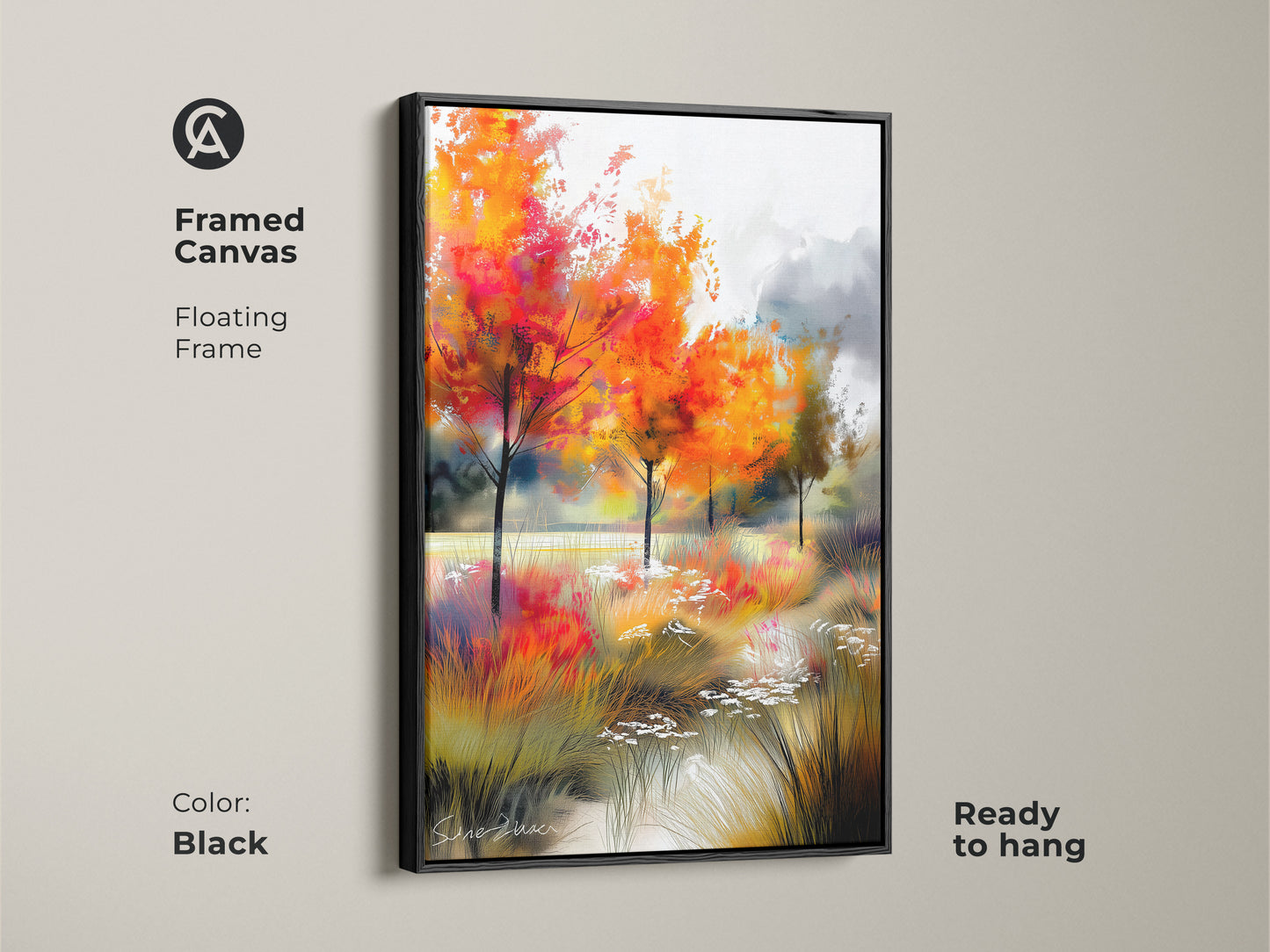 Black framed canvas artwork of an autumn forest. The floating frame enhances this colorful art. Ready to hang this gallery artwork features orange trees and a serene stream. Perfect wall decor.
