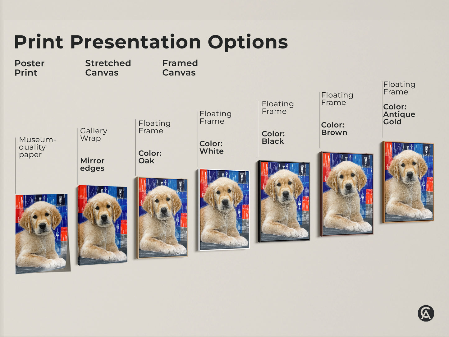 Explore presentation options for abstract Golden Retriever puppy art. Options include poster stretched and framed canvas. Available in floating frame colors like white black brown and antique gold. Find the perfect modern dog art print for your space a unique gift for animal lovers.