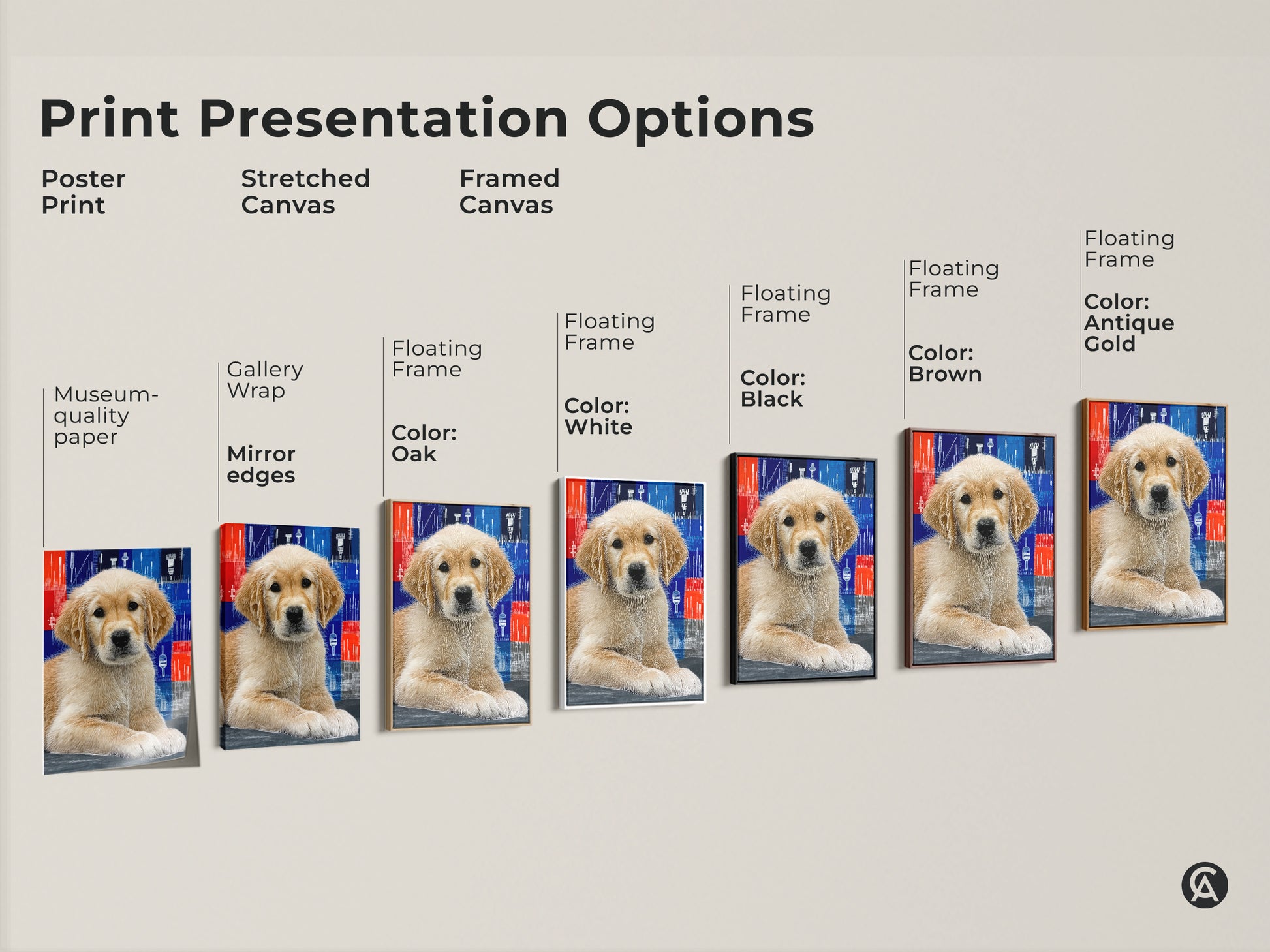 Explore presentation options for abstract Golden Retriever puppy art. Options include poster stretched and framed canvas. Available in floating frame colors like white black brown and antique gold. Find the perfect modern dog art print for your space a unique gift for animal lovers.