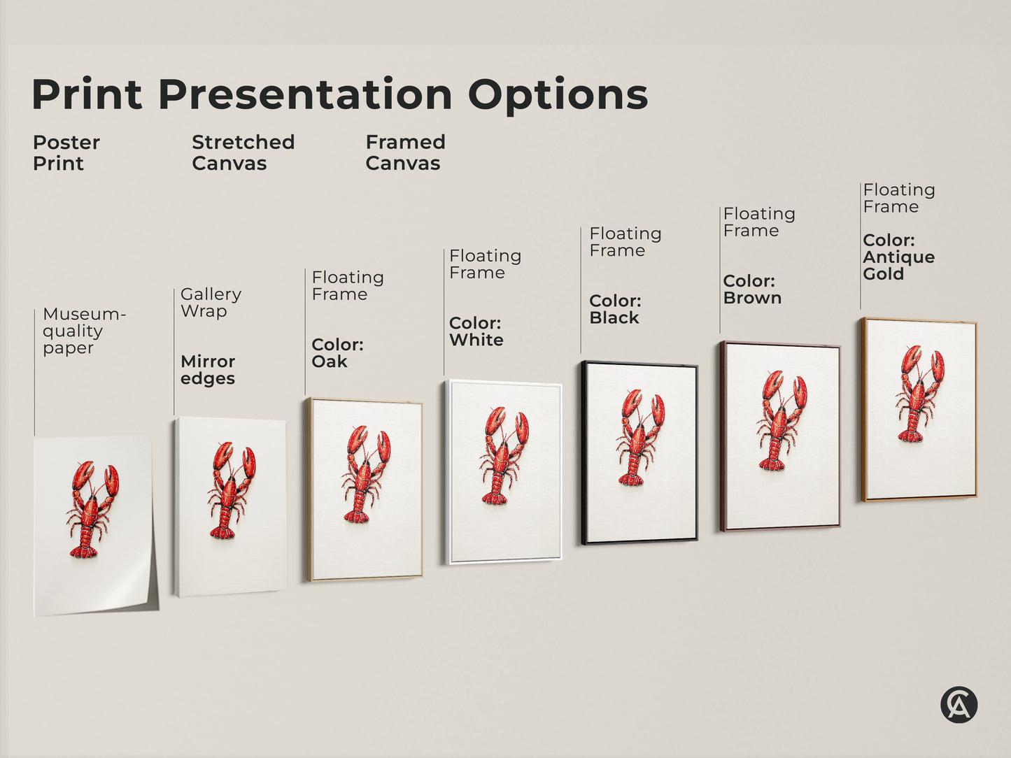Explore print presentation options. Poster print & stretched canvas. Framed canvas with floating frame. Museum quality paper with gallery wrap. Mirror edges. Available in oak white black brown antique gold colors.