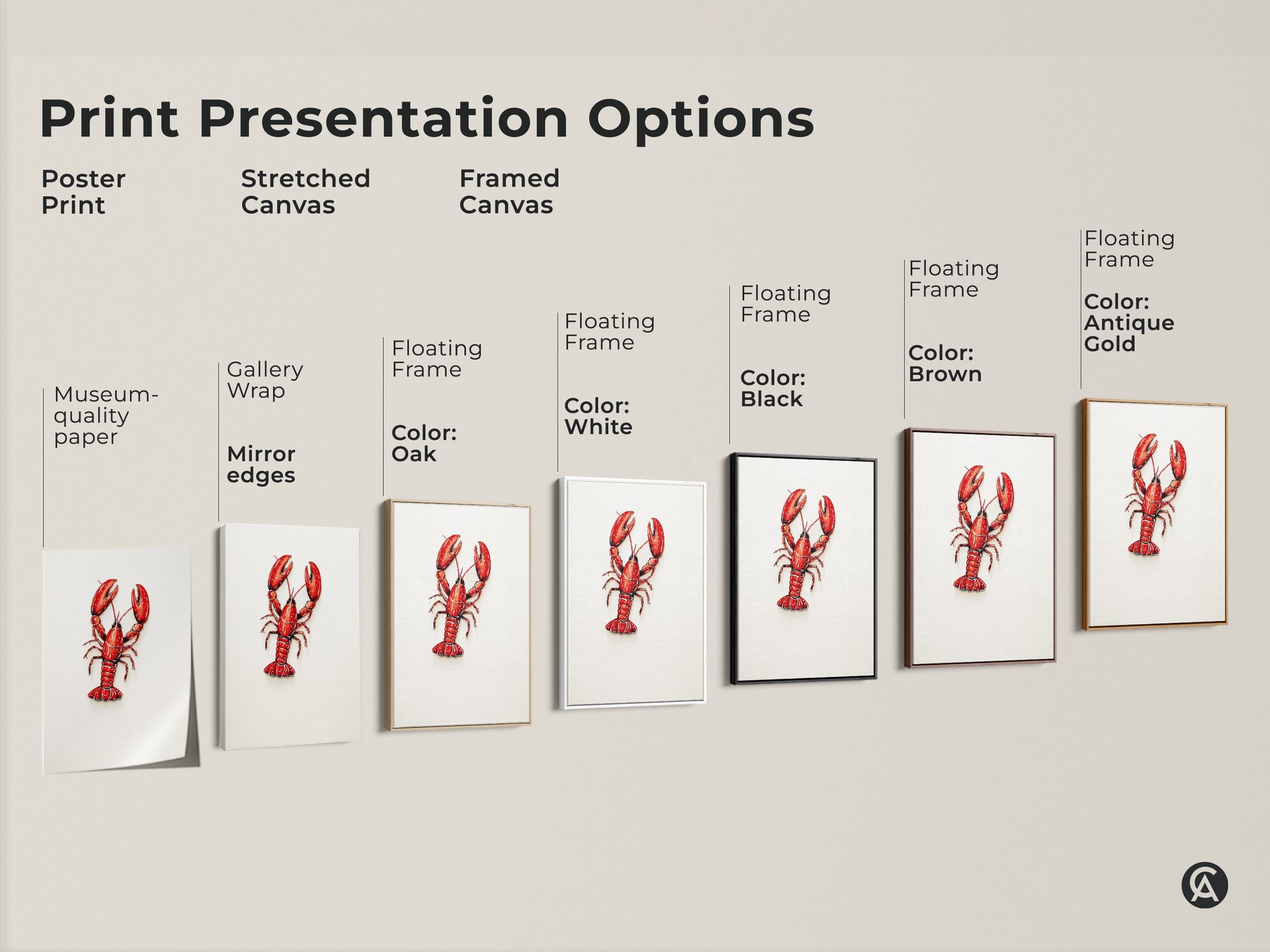 Explore print presentation options. Poster print & stretched canvas. Framed canvas with floating frame. Museum quality paper with gallery wrap. Mirror edges. Available in oak white black brown antique gold colors.