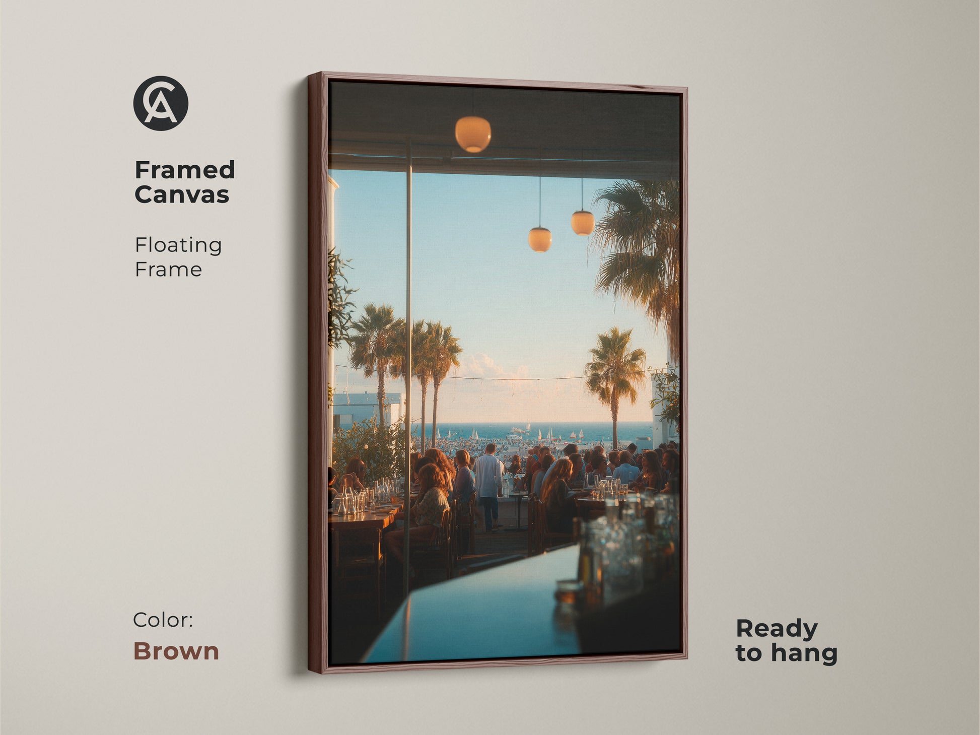 Brown framed canvas artwork showcasing a vibrant restaurant scene with palm trees. The floating frame adds depth and elegance. This ready to hang piece brings a touch of warmth to any space. A sophisticated artwork for home or office.