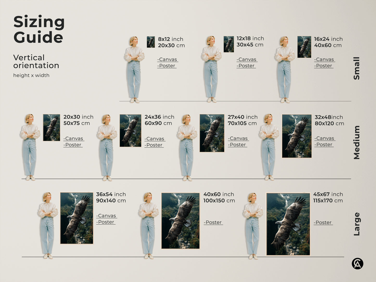 Sizing guide for eagle canvas and poster prints. See vertical orientation options. Small medium and large sizes are displayed. Find the perfect fit for your rustic home decor with this majestic bird of prey artwork.