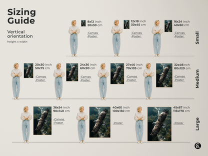 Sizing guide for eagle canvas and poster prints. See vertical orientation options. Small medium and large sizes are displayed. Find the perfect fit for your rustic home decor with this majestic bird of prey artwork.