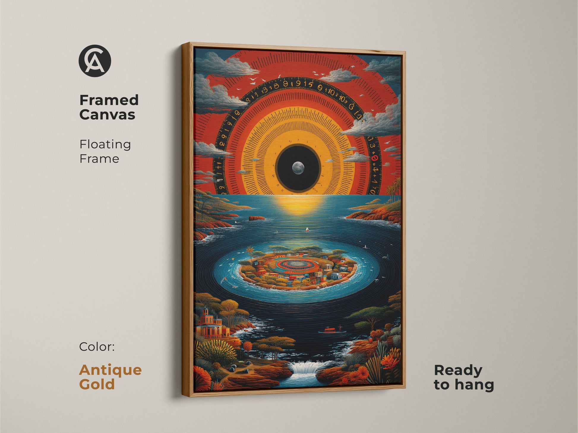 Antique Gold Framed Canvas of surreal island wall art. The artwork features an abstract time dial canvas. It also showcases a crimson and deep blue print. Ready to hang in any space. Great travel enthusiast gift idea.
