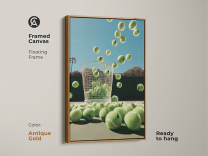 Framed canvas art with an antique gold floating frame. Ready to hang and adds a touch of elegance. This tennis ball artwork is perfect for adding sophistication to your space. The unique perspective and vibrant colors make this artwork a standout piece.