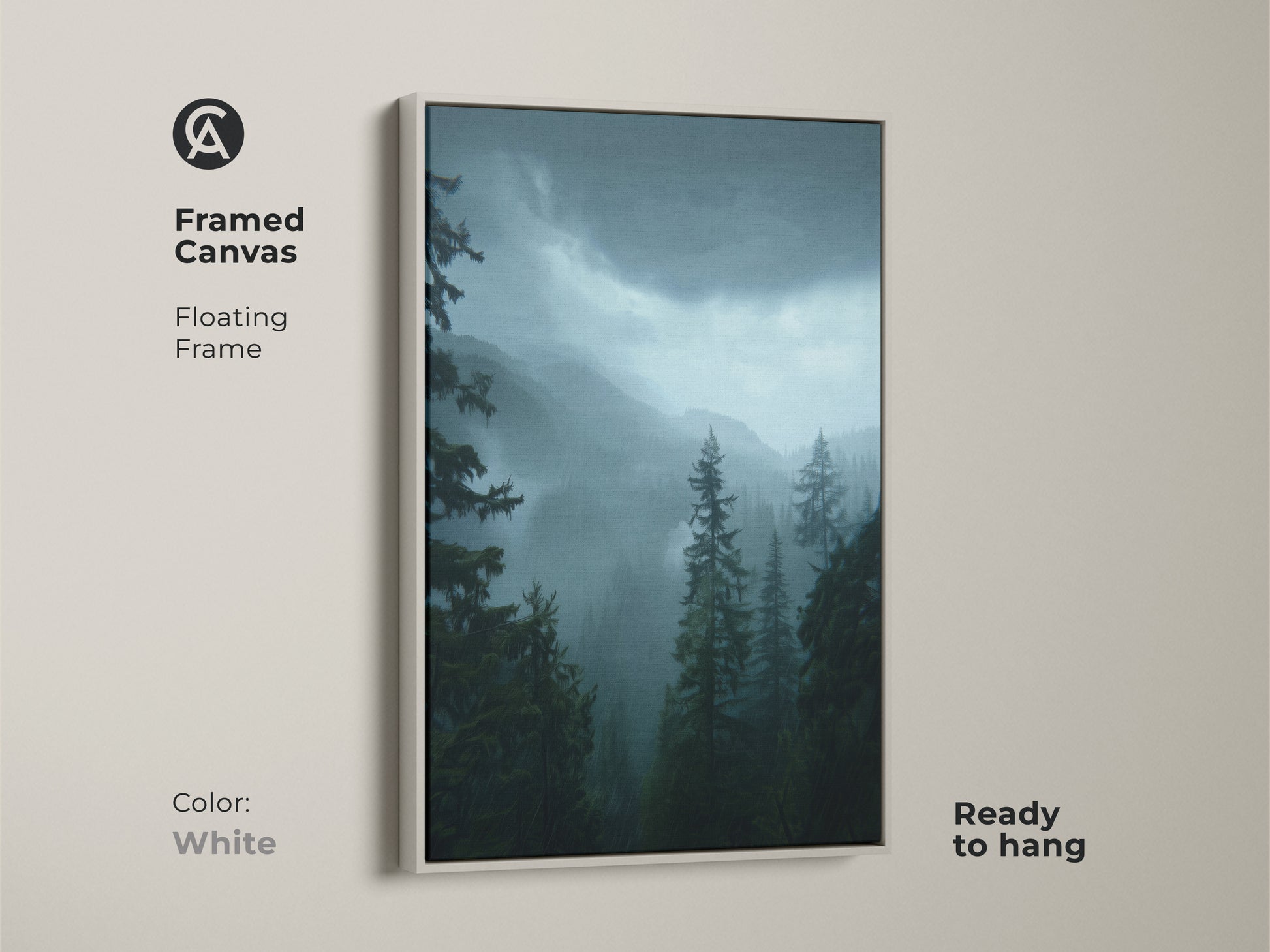 Framed canvas with a white floating frame enhancing the moody forest landscape. Dark green pine trees and misty blue mountains create a tranquil scene. This nature home decor gift is ready to hang. Perfect as residential forest artwork.