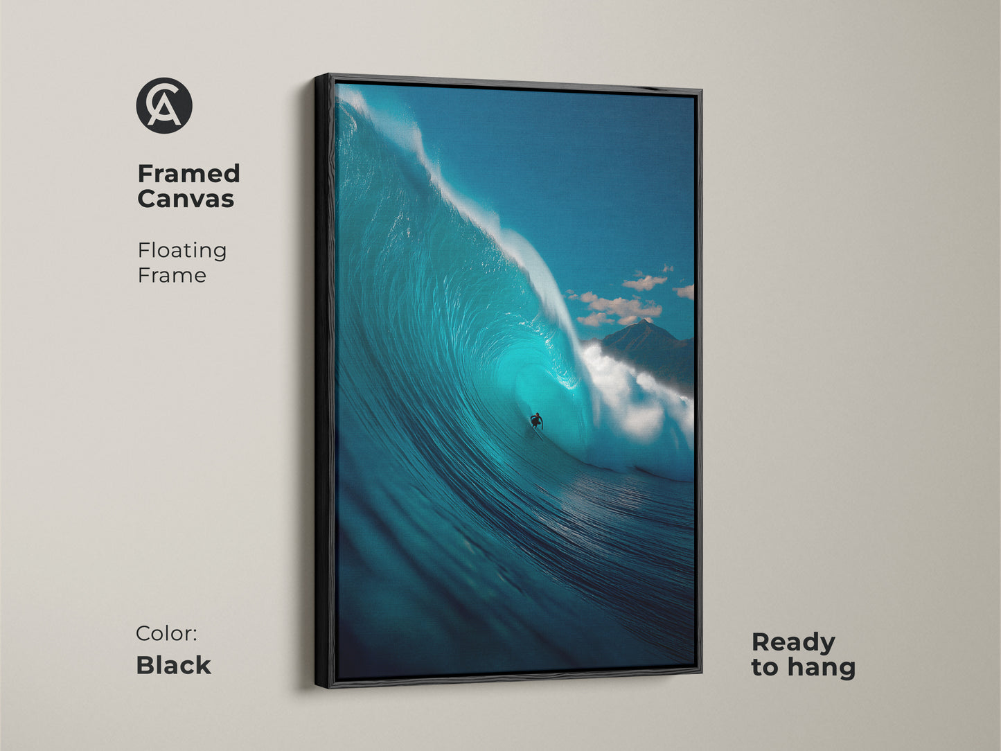 Black framed canvas print featuring a surfer riding a large wave. This floating frame enhances the ocean art. The canvas is ready to hang. A striking piece of wall art for surf lovers.