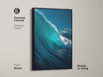 Black framed canvas print featuring a surfer riding a large wave. This floating frame enhances the ocean art. The canvas is ready to hang. A striking piece of wall art for surf lovers.