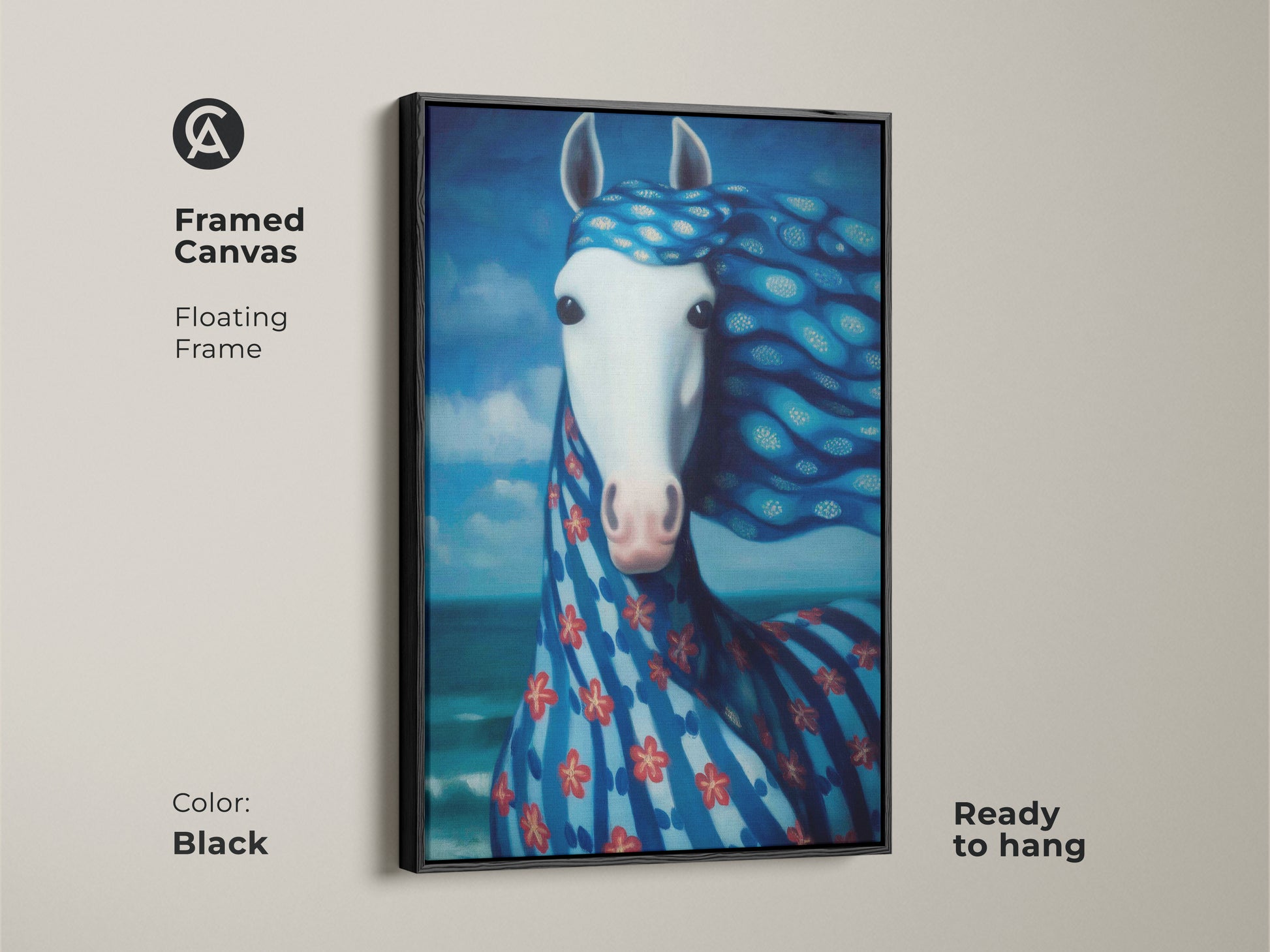 Framed canvas featuring a surreal blue horse in a black floating frame. Ready to hang equine art. Ideal for adding a touch of fantasy to any room. Unique wall decor.
