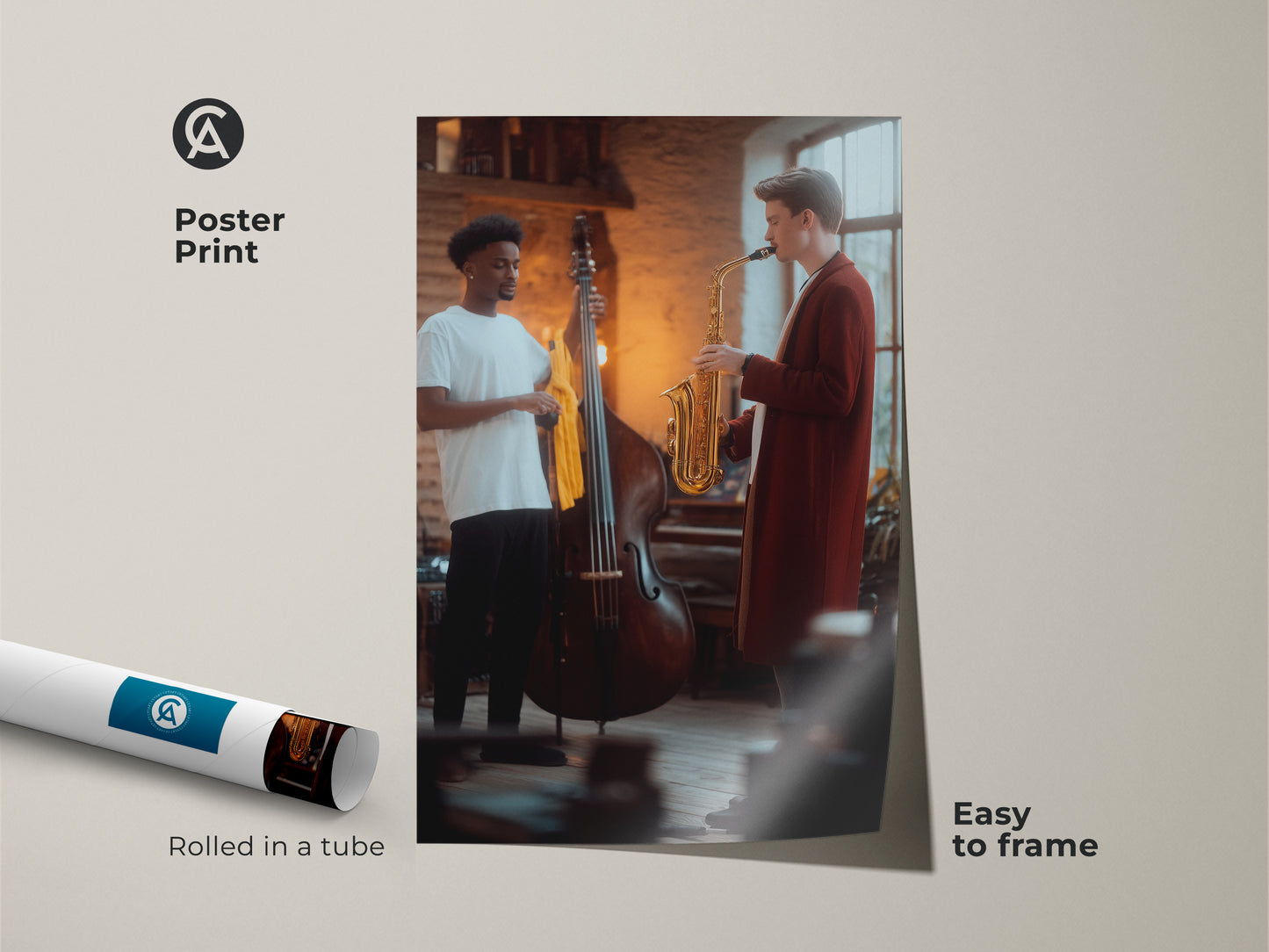 View the contemporary jazz art print featuring a saxophonist and bass player rolled as a poster print. This music room decor wall art is easy to frame. A perfect gift for music lovers seeking a touch of refined culture to their decor in warm tones.