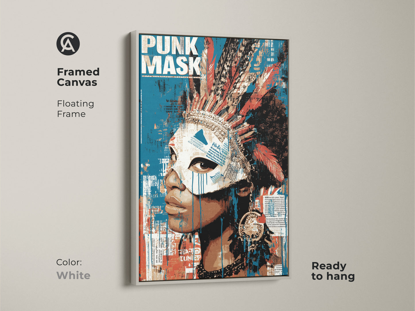 A white framed canvas displays the 'Punk Mask' artwork. This tribal grunge portrait includes a feather headdress. This mixed media art is ready to hang adding an edgy vibe. The blue red and orange colors create a captivating visual. It is ideal for eclectic home decor and art collectors.