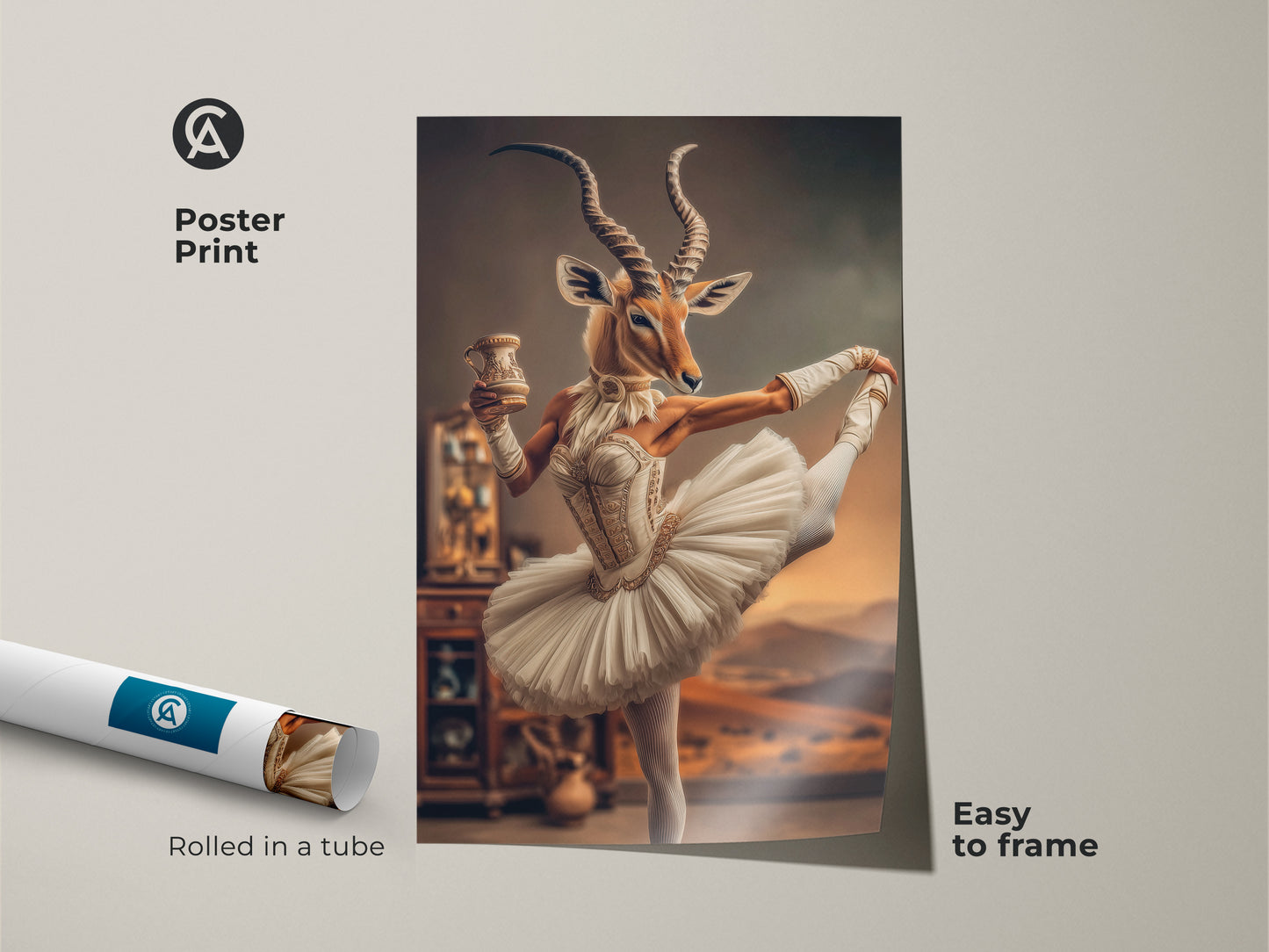 Poster Print of surrealist antelope artwork rolled in a tube. Showcasing an antelope in a white tutu. Easy to frame. This unique animal art print adds a whimsical touch. A perfect home office wall art. Features gold accents and ballet themes.
