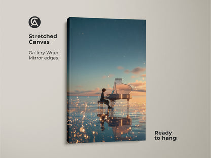 A gallery-wrapped stretched canvas displays a surreal artwork. A person plays a grand piano on water reflecting a starry sky. Ready to hang with mirror edges it adds elegance to any room.