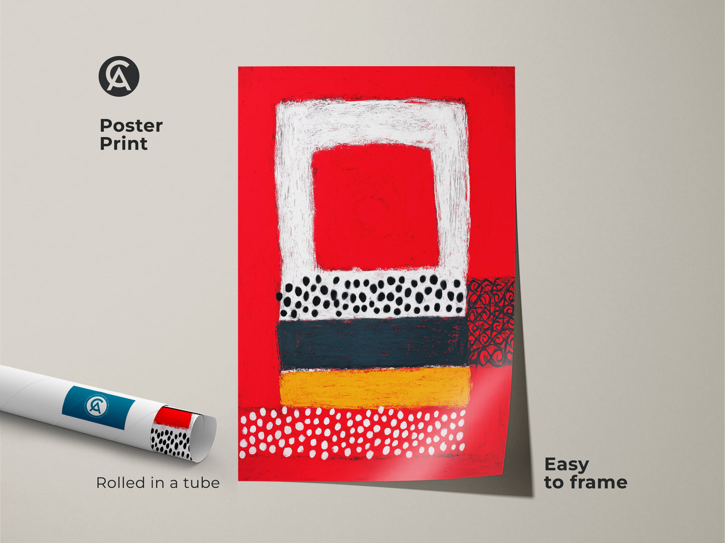 Poster print of a modern geometric art print. This contemporary abstract canvas features bold red yellow teal and black. Easy to frame it makes a unique wall hanging art piece. Rolled in a tube for safe shipping.