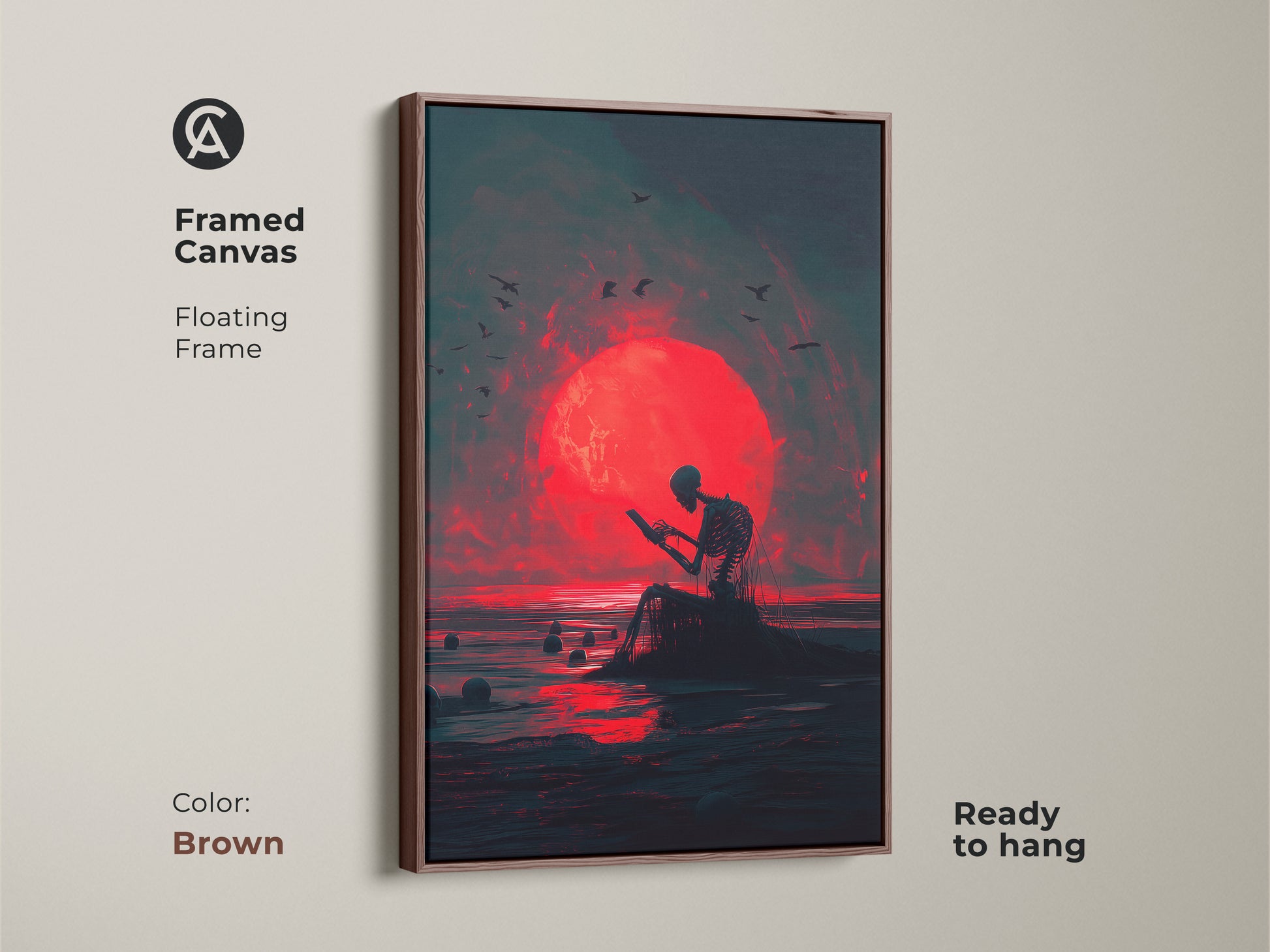 Framed canvas art print featuring a skeleton reading in front of a red moon. The frame is a warm brown floating frame. The art style is dark and surreal. This framed canvas is ready to hang.