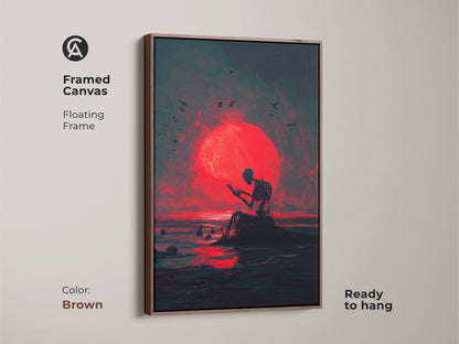 Framed canvas art print featuring a skeleton reading in front of a red moon. The frame is a warm brown floating frame. The art style is dark and surreal. This framed canvas is ready to hang.