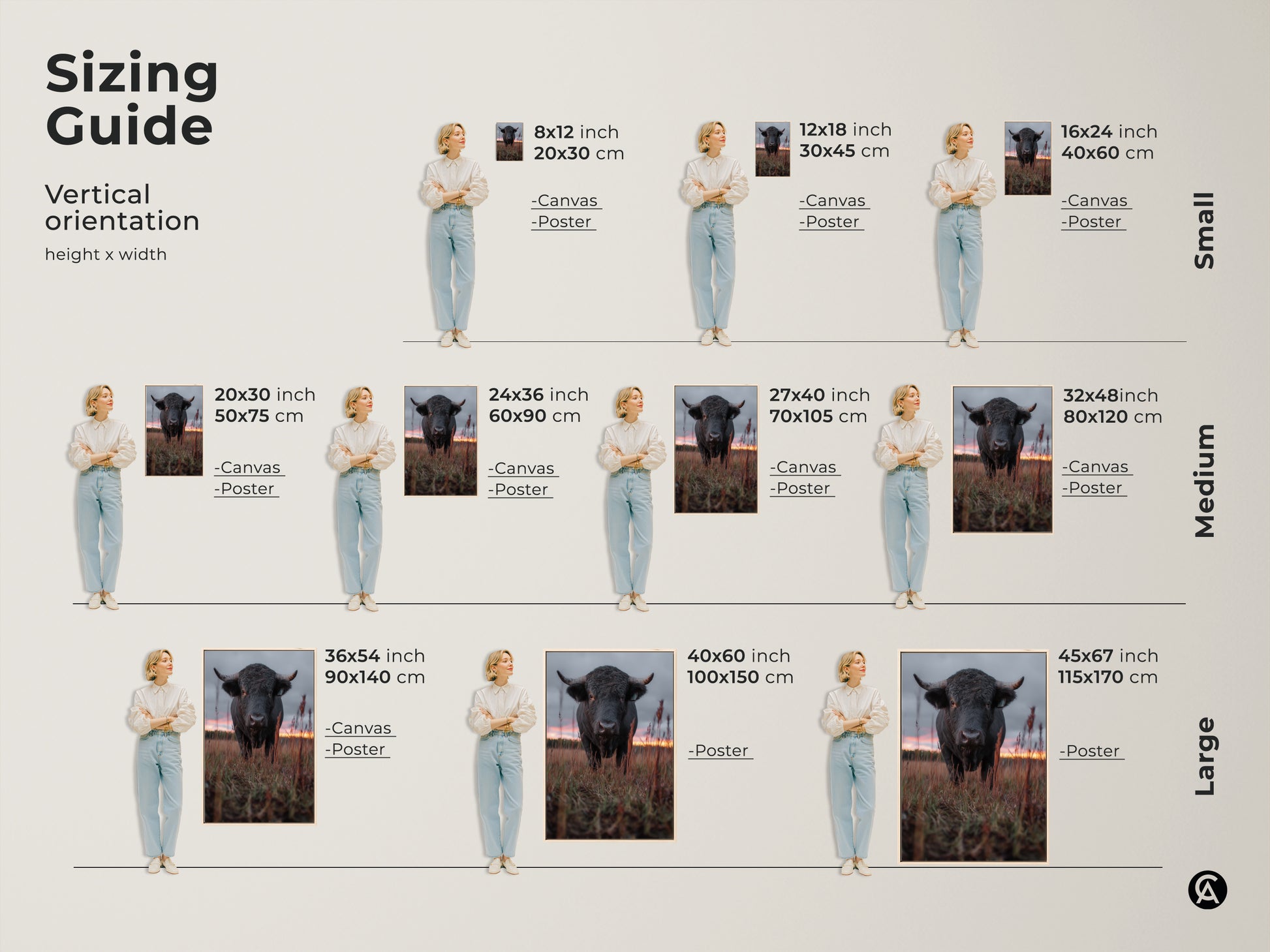 Sizing guide for vertical bull canvas and poster prints. Small medium and large sizes are available. Find the perfect fit for your space. Enhance your home with rustic farmhouse wall art. Ideal wildlife animal painting for any room.