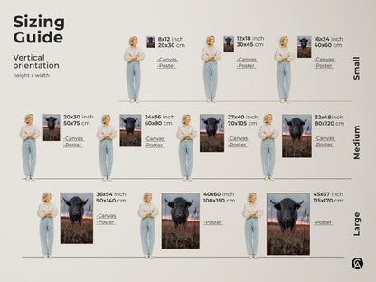 Sizing guide for vertical bull canvas and poster prints. Small medium and large sizes are available. Find the perfect fit for your space. Enhance your home with rustic farmhouse wall art. Ideal wildlife animal painting for any room.