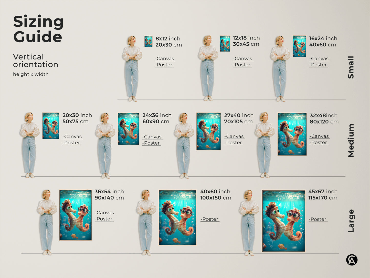 Sizing guide for seahorse and clownfish canvas and poster prints. Available in small medium and large sizes. The kids room ocean wall art is perfect for any space. Choose the ideal size for kids marine life art. Add color to kids bedroom decor.