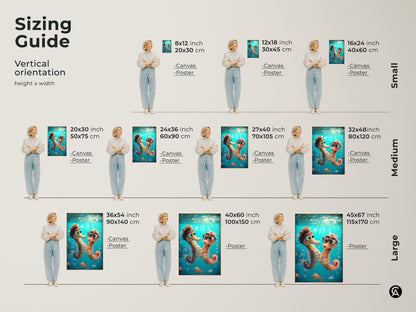 Sizing guide for seahorse and clownfish canvas and poster prints. Available in small medium and large sizes. The kids room ocean wall art is perfect for any space. Choose the ideal size for kids marine life art. Add color to kids bedroom decor.