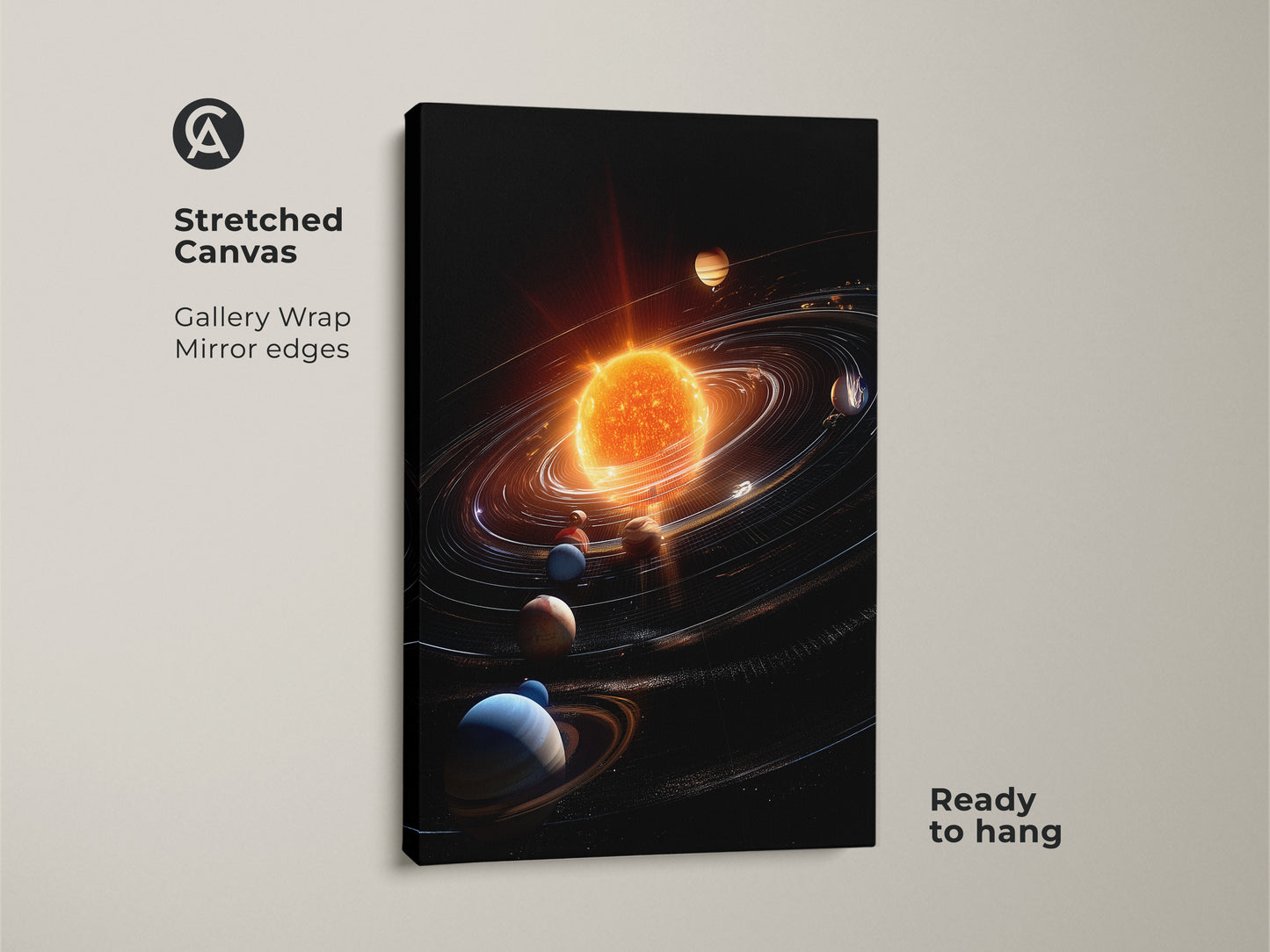 Stretched canvas gallery wrap artwork showcasing the solar system. The art has mirror edges and is ready to hang. The vibrant sun and planets create a stunning display. This piece of art brings the cosmos into your home with elegance and style.