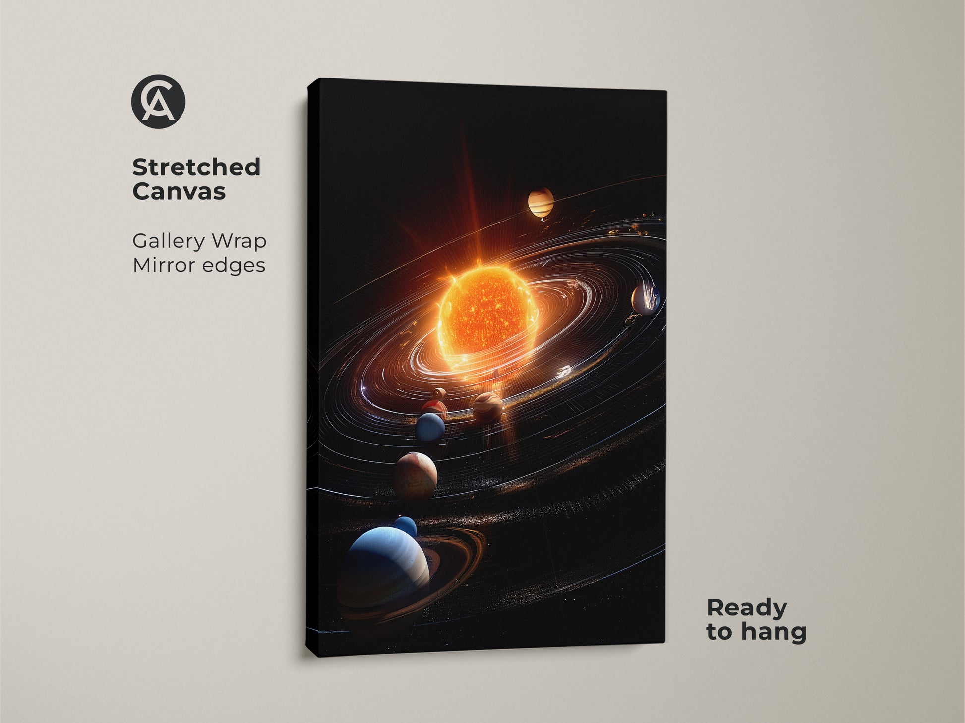 Stretched canvas gallery wrap artwork showcasing the solar system. The art has mirror edges and is ready to hang. The vibrant sun and planets create a stunning display. This piece of art brings the cosmos into your home with elegance and style.