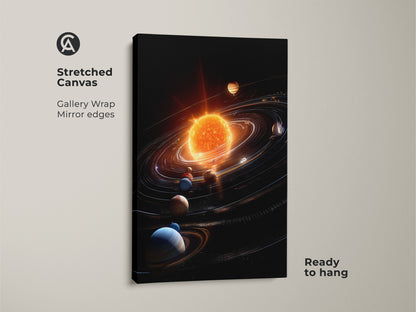 Stretched canvas gallery wrap artwork showcasing the solar system. The art has mirror edges and is ready to hang. The vibrant sun and planets create a stunning display. This piece of art brings the cosmos into your home with elegance and style.