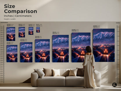 Size comparison Inches and Centimeters. Showcase art with winter train landscape artwork in different sizes. Choose the perfect scale for your space from 20x30 to 45x67 inches. A mountain cityscape artwork suits any living room. Find your ideal travel-themed decor.