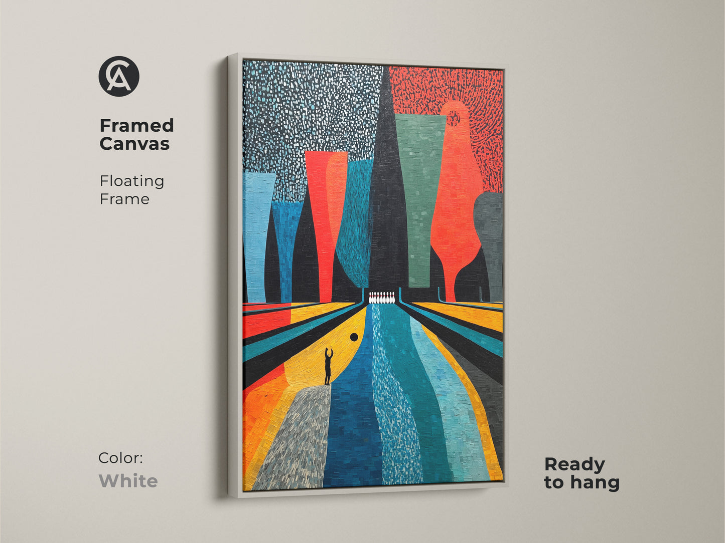 Abstract bowling art is framed in white canvas. The white floating frame highlights this Mid-Century Modern artwork. It is a vibrant retro piece in Orange Yellow and Teal. Ready to hang it adds a unique touch to any game room or entertainment area. Perfect gift for bowling fans.