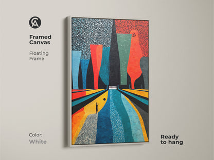 Abstract bowling art is framed in white canvas. The white floating frame highlights this Mid-Century Modern artwork. It is a vibrant retro piece in Orange Yellow and Teal. Ready to hang it adds a unique touch to any game room or entertainment area. Perfect gift for bowling fans.