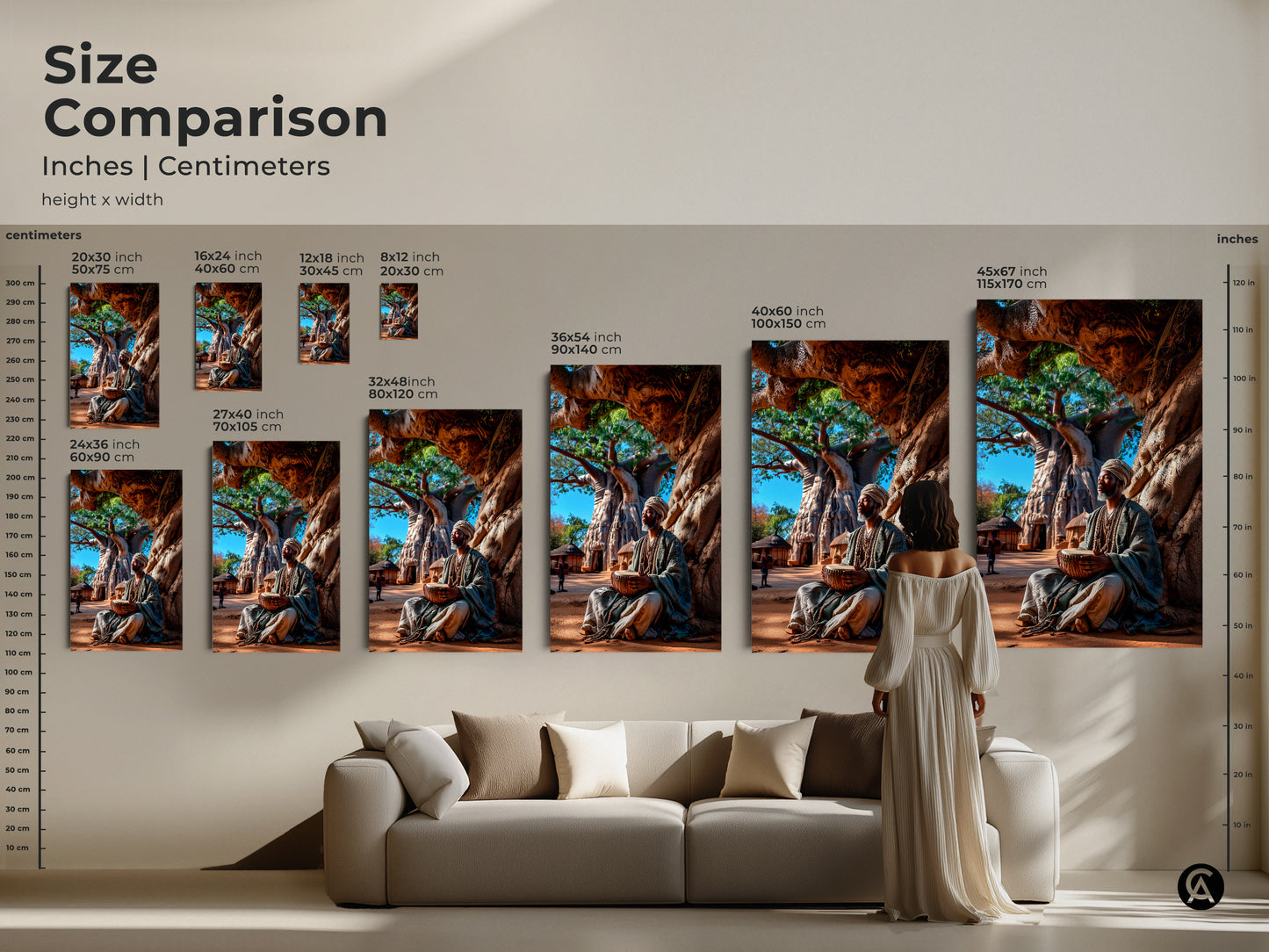 Compare sizes of this African artwork in inches and centimeters. See how the art fits above a couch. Choose from various sizes featuring an African man drumming under a Baobab tree. This helps visualize the art in your home.