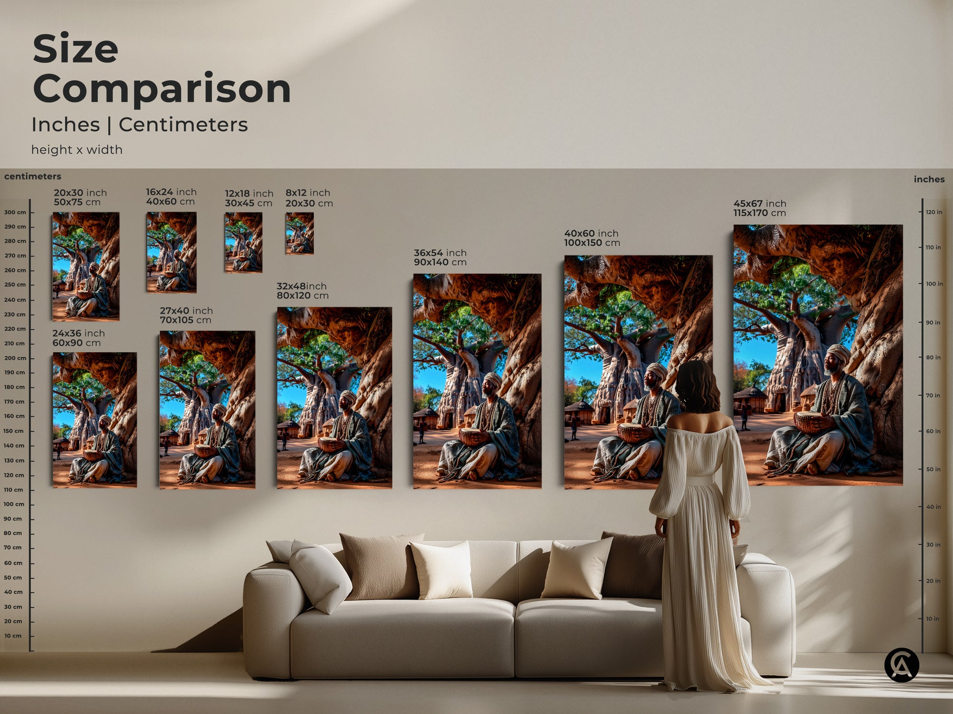 Compare sizes of this African artwork in inches and centimeters. See how the art fits above a couch. Choose from various sizes featuring an African man drumming under a Baobab tree. This helps visualize the art in your home.