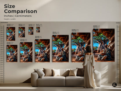 Compare sizes of this African artwork in inches and centimeters. See how the art fits above a couch. Choose from various sizes featuring an African man drumming under a Baobab tree. This helps visualize the art in your home.