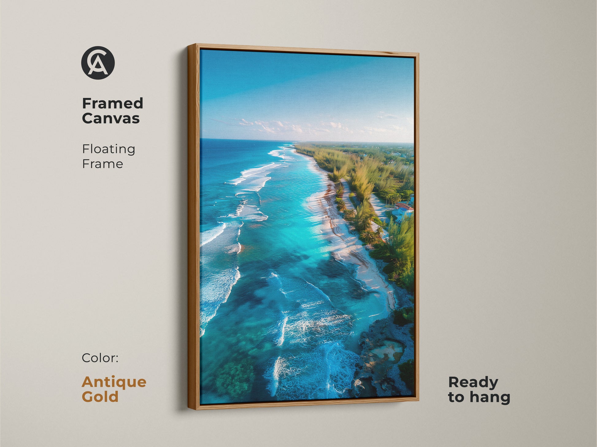 Framed canvas art with a floating frame in antique gold featuring a vibrant beach scene. The aerial beach artwork is ready to hang. This piece adds a touch of luxury to your decor. The floating frame enhances the art's elegance.