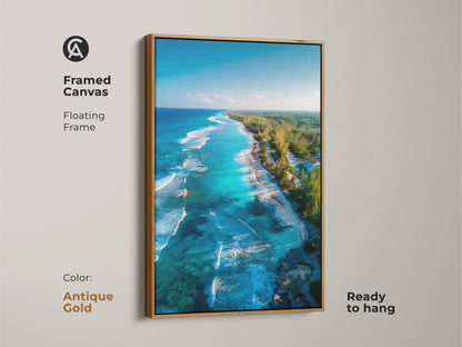 Framed canvas art with a floating frame in antique gold featuring a vibrant beach scene. The aerial beach artwork is ready to hang. This piece adds a touch of luxury to your decor. The floating frame enhances the art's elegance.