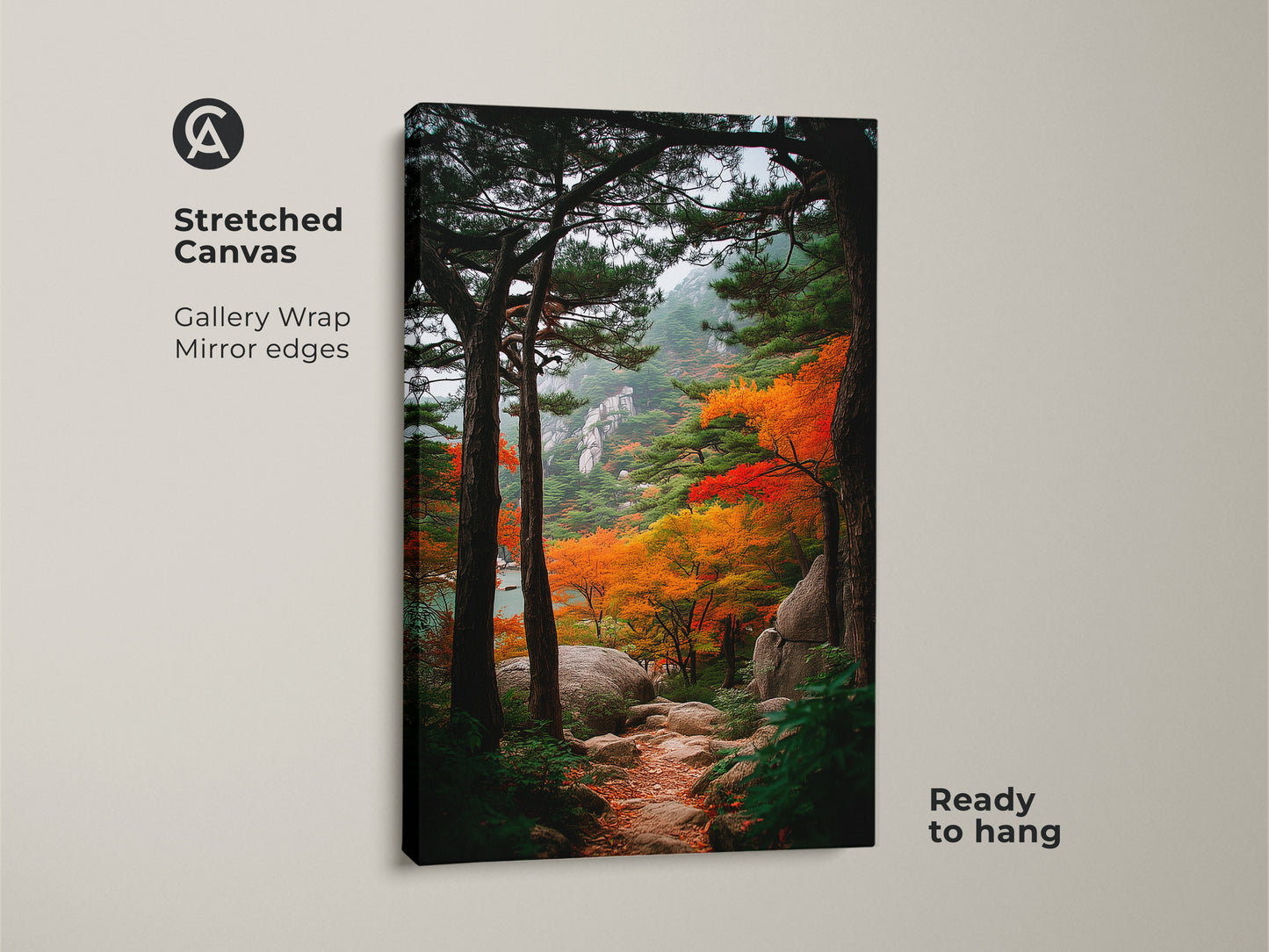 Gallery wrapped canvas print of a fall mountain path. Mirror edges create a seamless artwork. This stretched canvas is ready to hang. The autumn scene brings nature indoors for wall decor.