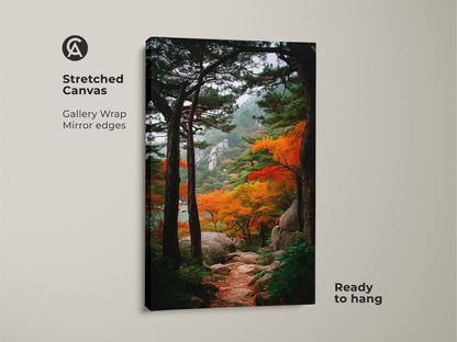 Gallery wrapped canvas print of a fall mountain path. Mirror edges create a seamless artwork. This stretched canvas is ready to hang. The autumn scene brings nature indoors for wall decor.