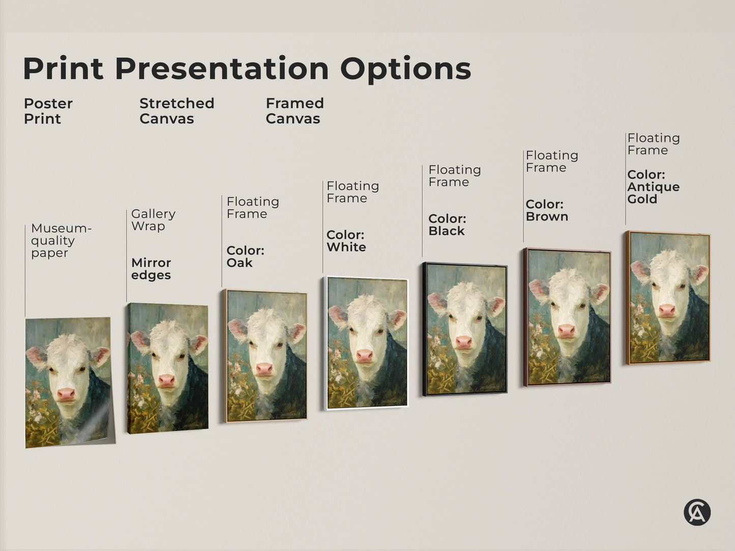 Explore print presentation options for the hereford calf painting. Choose from poster prints stretched canvases or framed canvases in various colors. Find the perfect fine art piece to complement your decor style.
