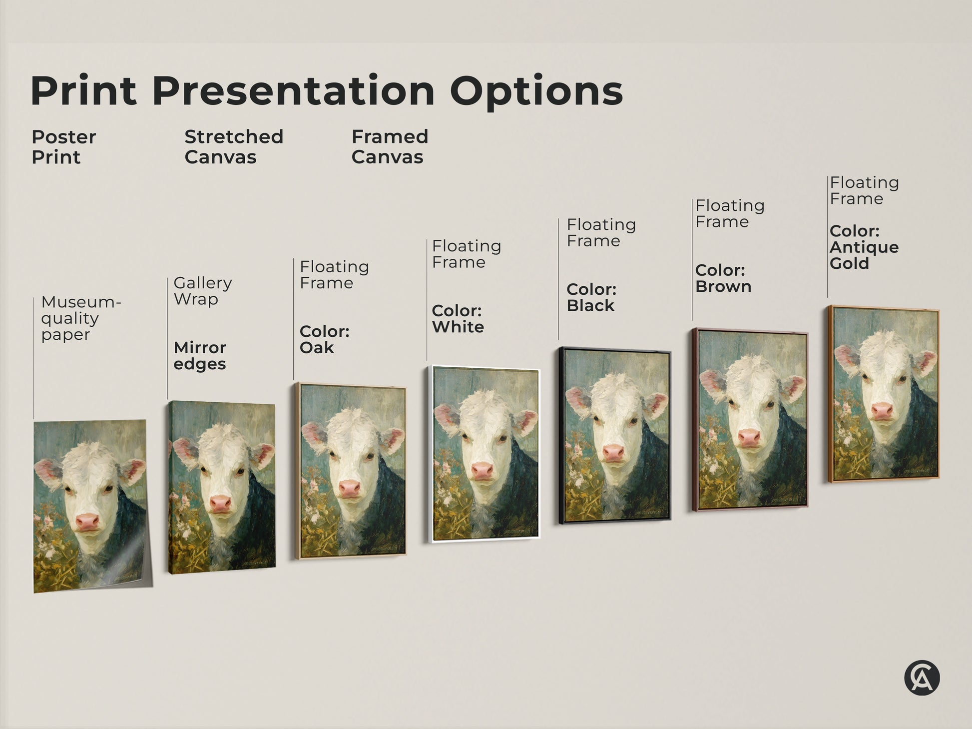 Explore print presentation options for the hereford calf painting. Choose from poster prints stretched canvases or framed canvases in various colors. Find the perfect fine art piece to complement your decor style.