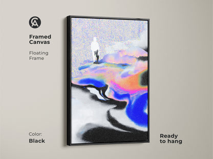 Framed canvas featuring abstract figurative art. The floating frame is black. The wall art is ready to hang. This contemporary digital art piece is ideal for office wall decor or minimalist abstract print enthusiasts.