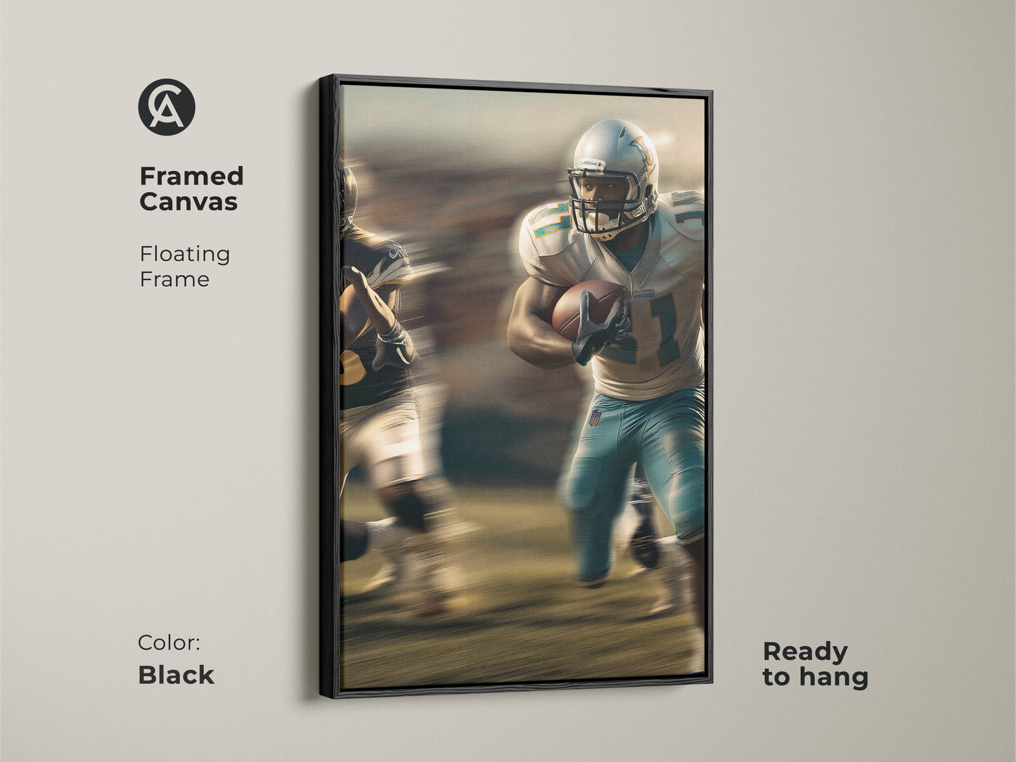Add a touch of modern flair to your space with this framed canvas football art. The dynamic football player artwork features a sleek black floating frame. This blue teal sports wall art is ready to hang bringing energy to any room. Perfect for a man cave or office this framed canvas is a stylish gift for sports fans.