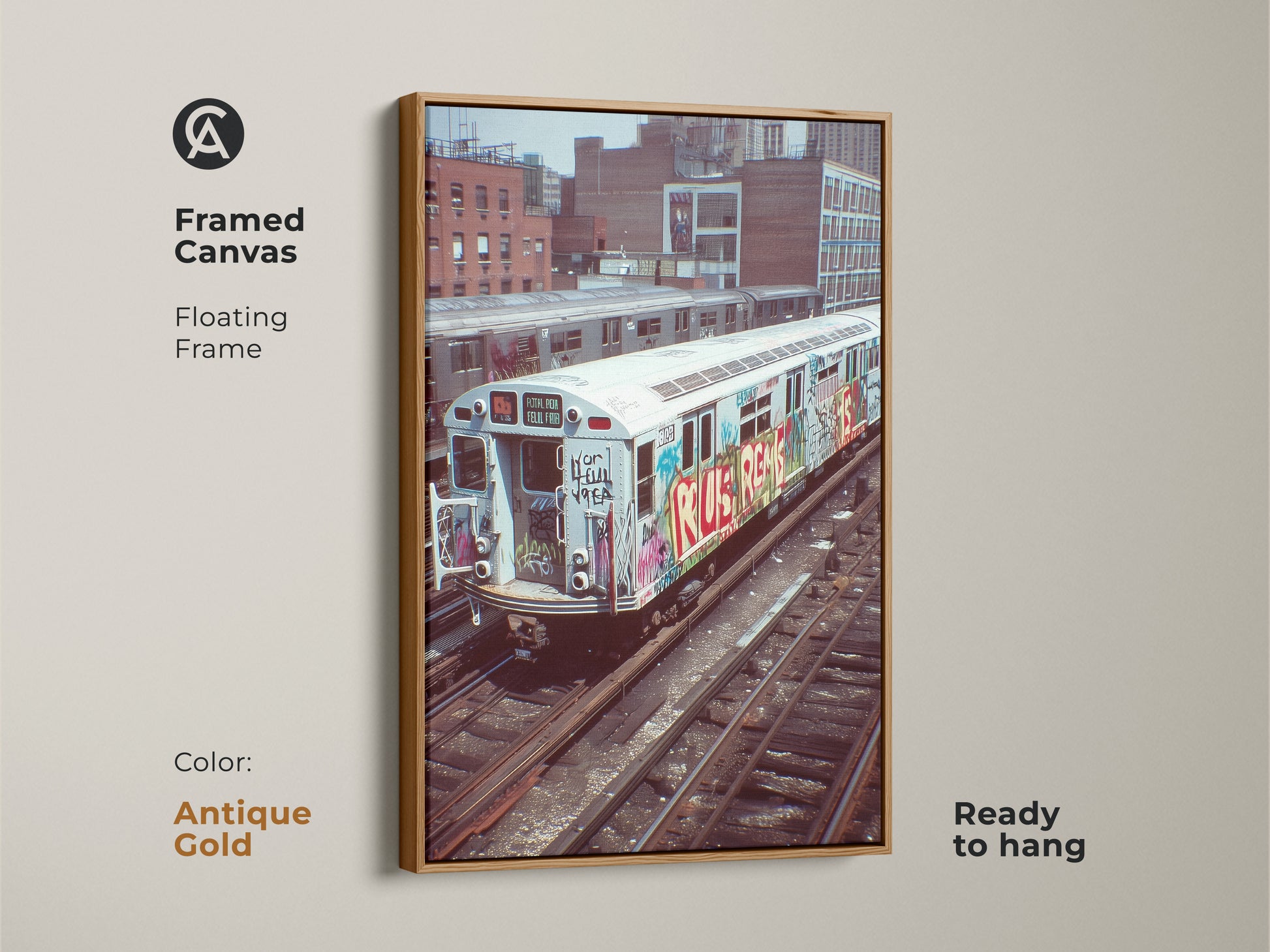 Antique gold framed canvas of a graffiti subway train. This urban street artwork is ready to hang. The industrial loft wall decor showcases a cityscape. This artwork makes a unique hip hop fan gift.