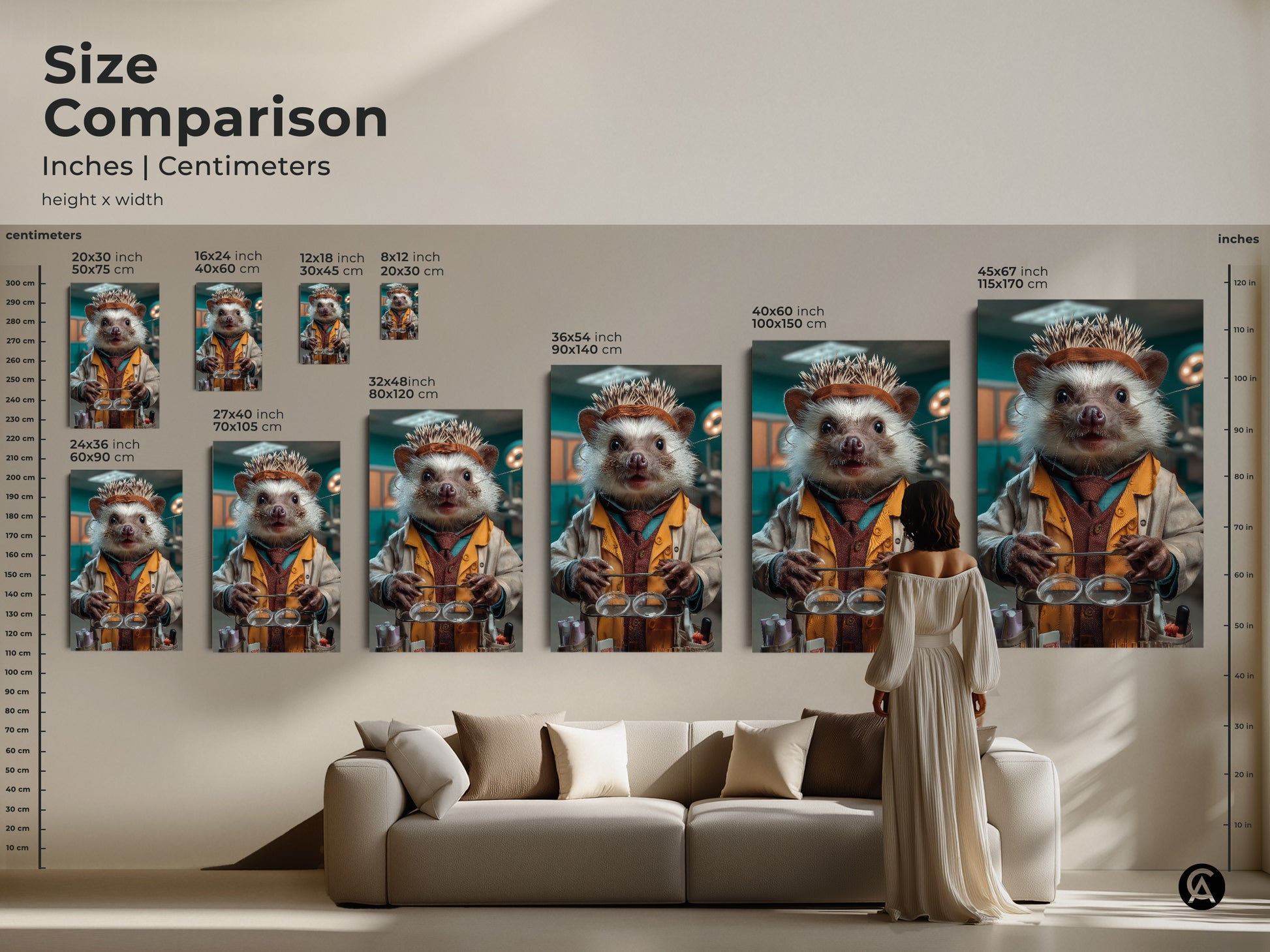 Size comparison featuring Science Hedgehog Canvas Art. See the animal doctor print in a range of sizes. The tan & teal eclectic wall decor is a great gift for veterinarians. Consider this unique animal art for your office. It's a playful addition to any veterinary clinic or home study.